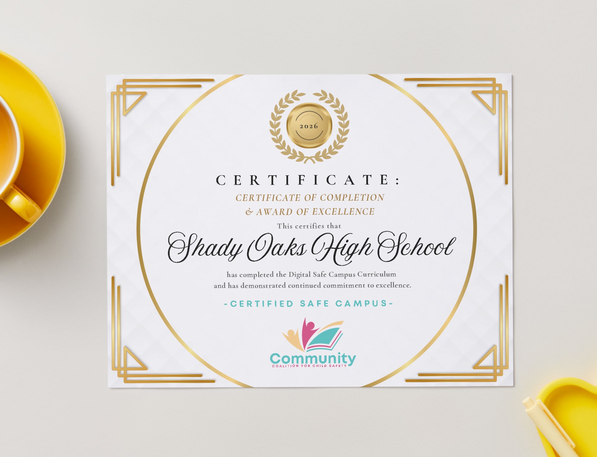 CCFCS Certified Safe Campus Certificate — Example showing Shady Oaks High School